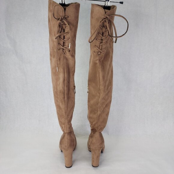 Bella Marie Boots Women's Sz 7 Suede Over The Knee 3.5" Block Heel Taupe Lace-up - Picture 3 of 16